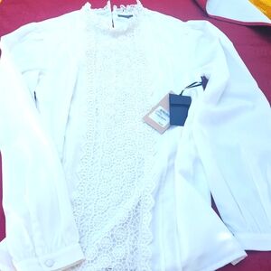 Halogen White Lace Mandarin Collar Blouse